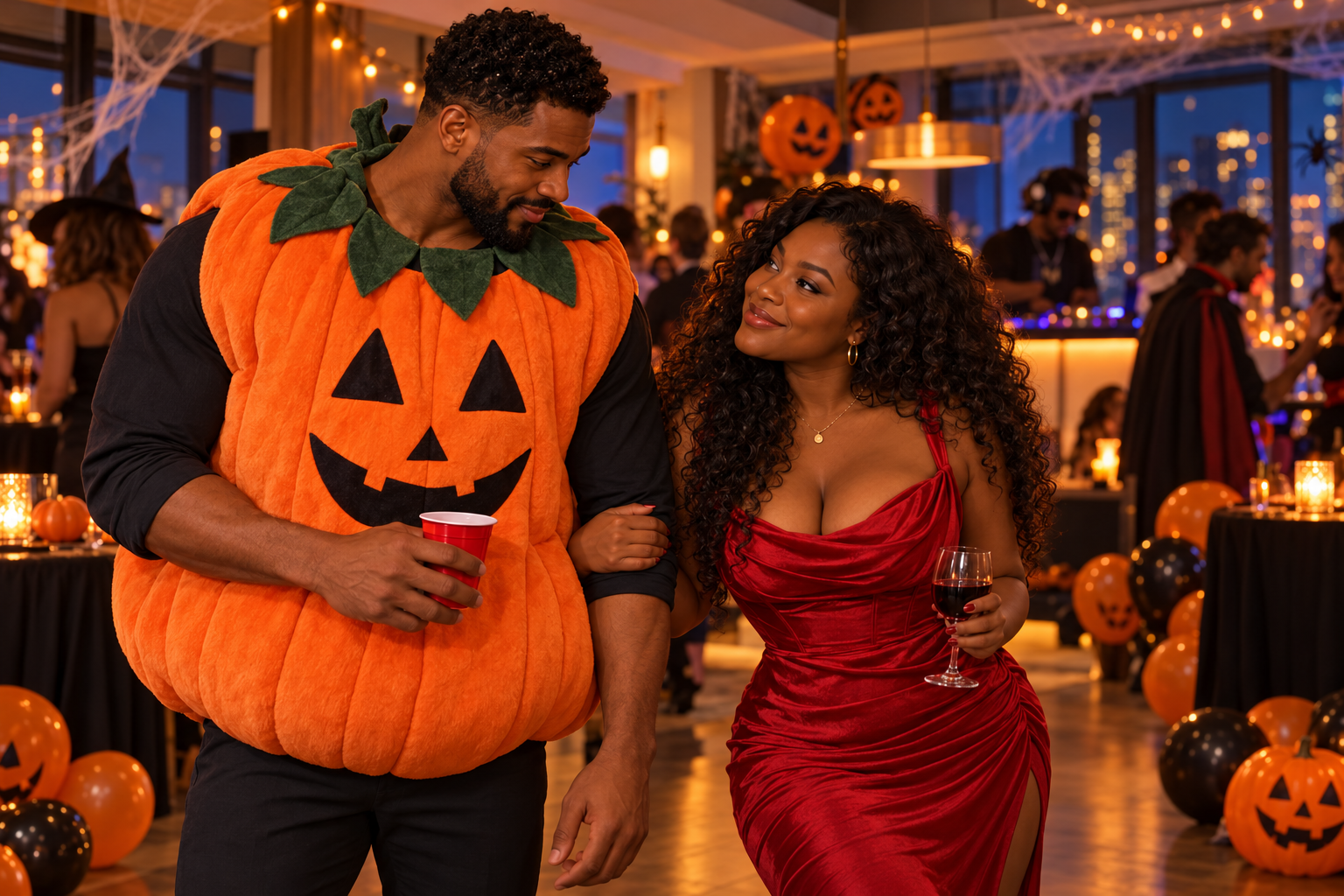 Samira and Jamal smile at the community Halloween party, with Jamal in a pumpkin costume.