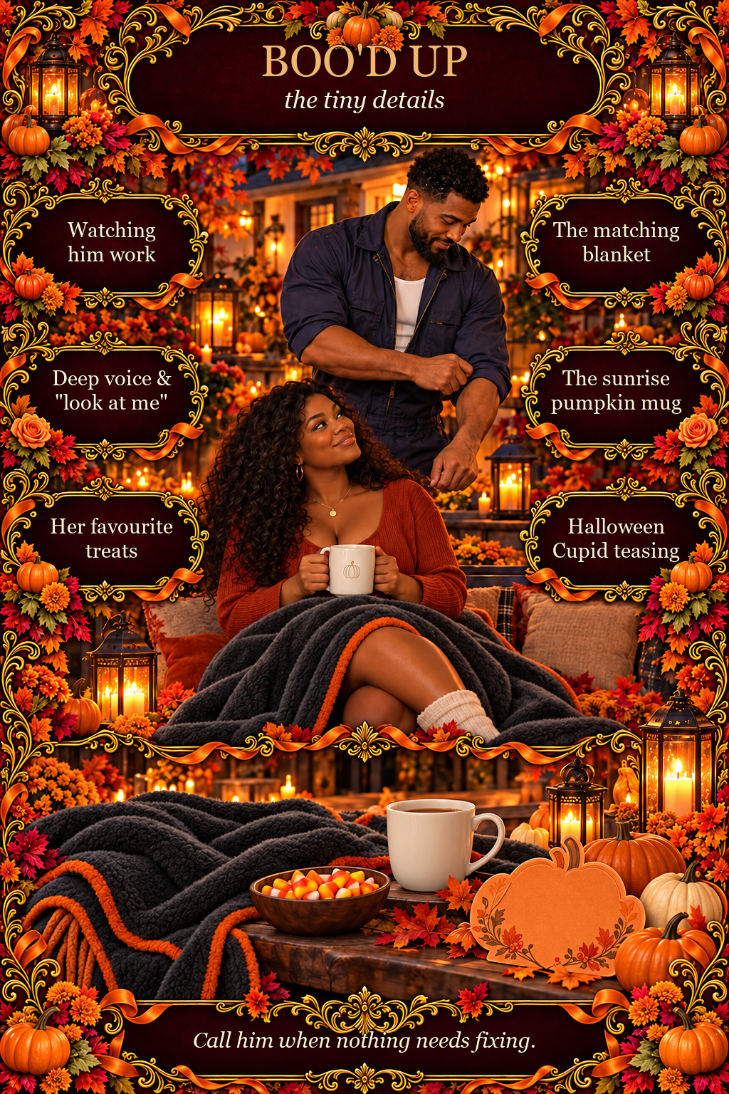 Boo'd Up microtropes include watching him work, favourite treats, a matching blanket and a sunrise pumpkin mug.