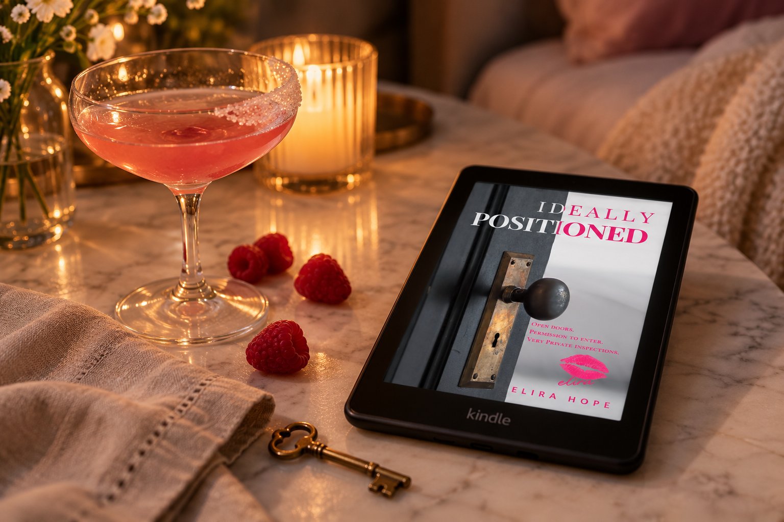 A candlelit reading-night still life with a pink mocktail and a book