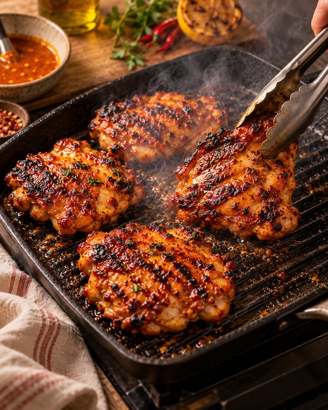 Peri-peri chicken thighs with dark charred edges cooking on a hot grill
