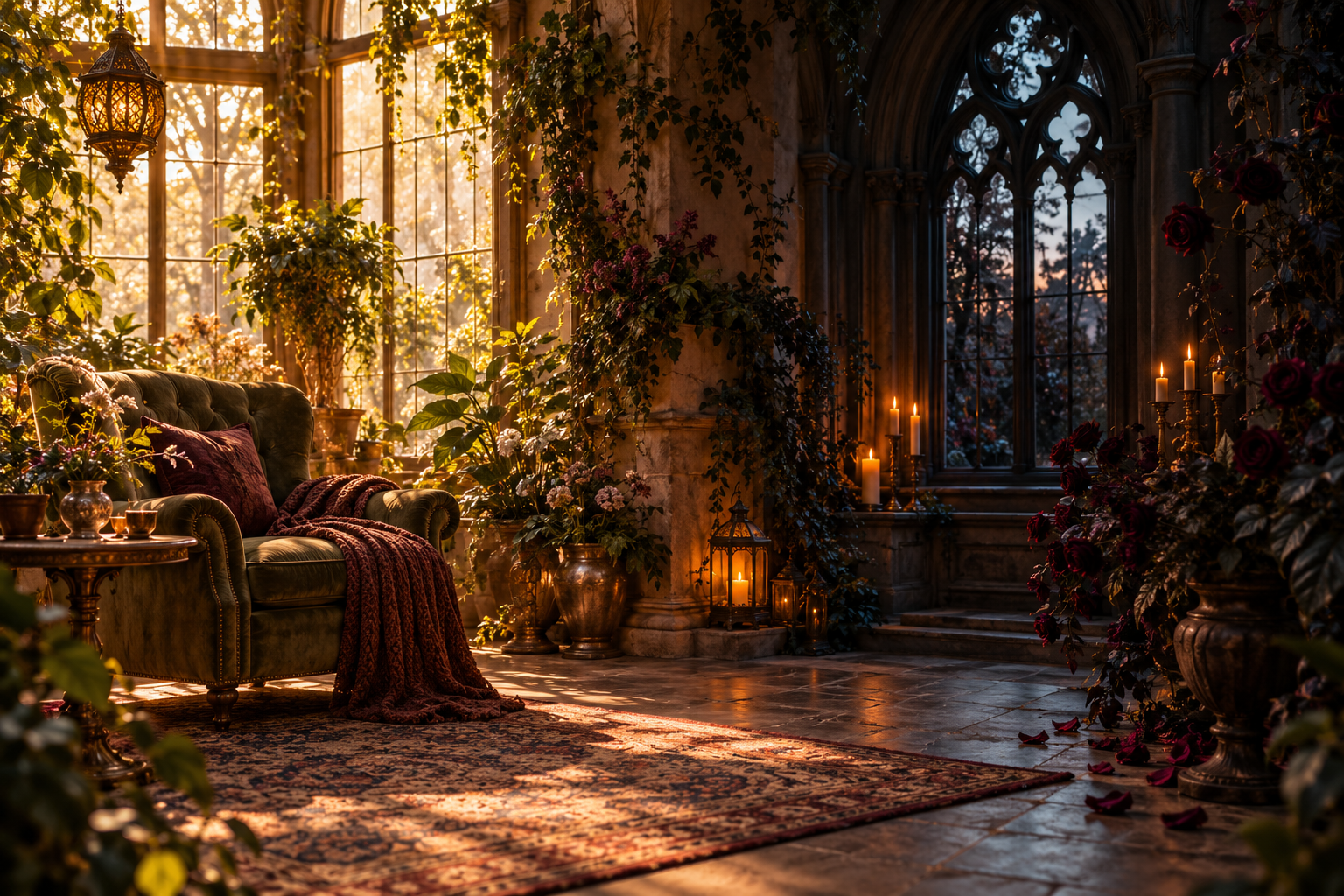 A sunlit botanical reading nook leading into a shadowy gothic room.
