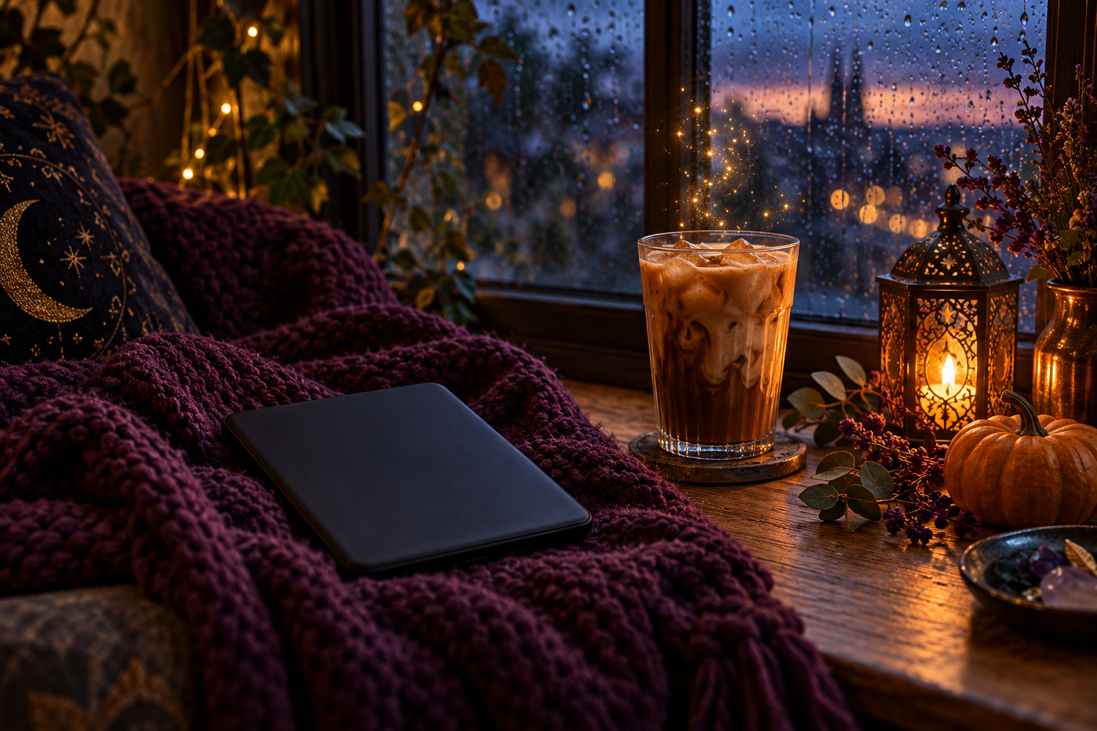 An e-reader, iced coffee and a pumpkin beside a rainy window and candle lantern.
