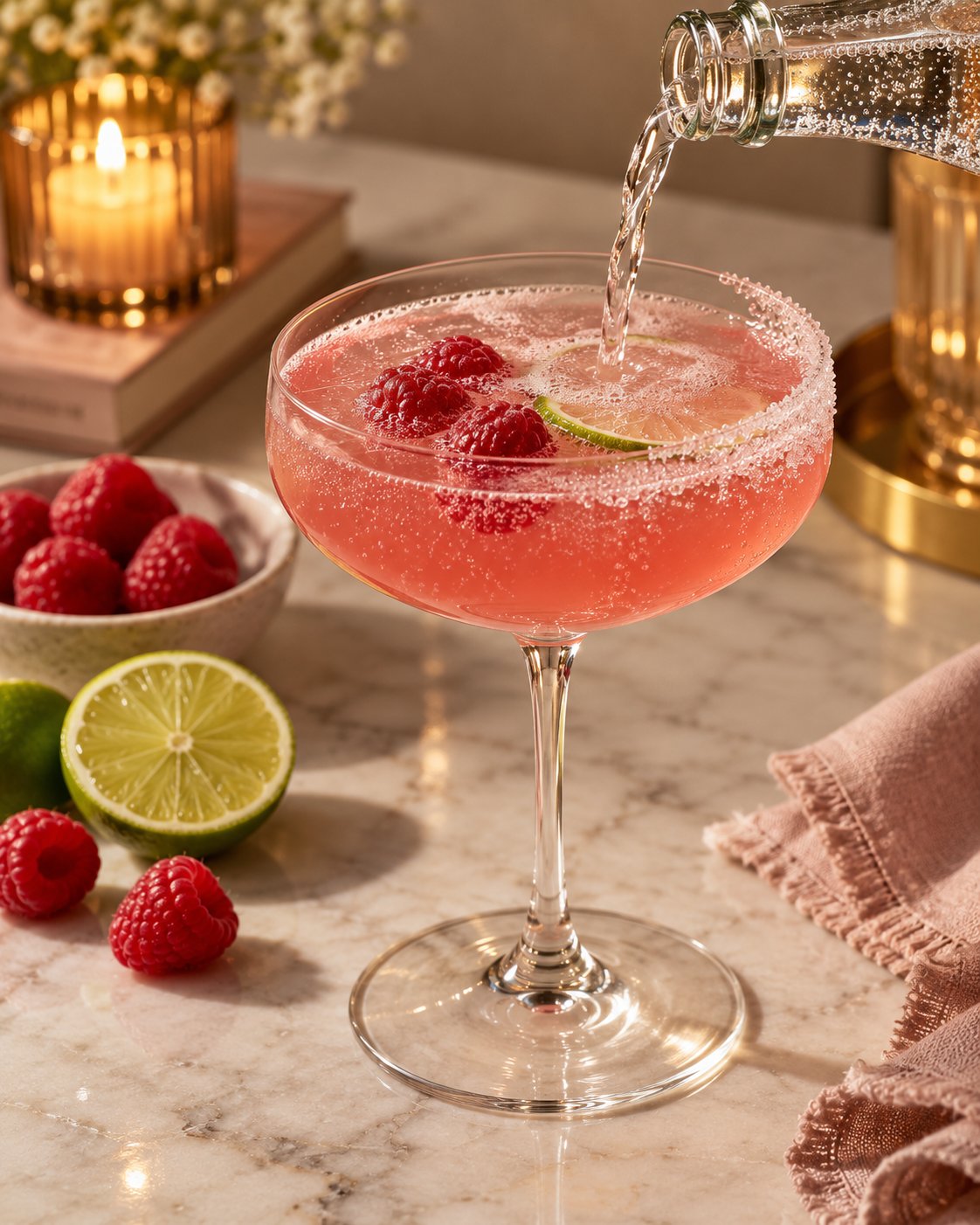 A fizzy raspberry lime mocktail in a pretty glass