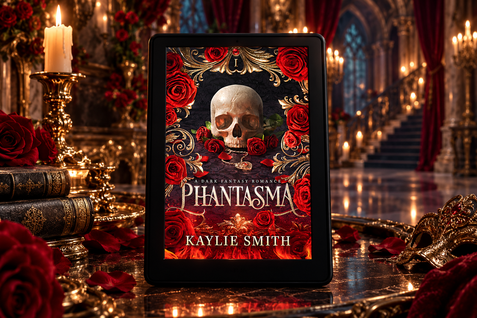 Phantasma by Kaylie Smith displayed on a Kindle in a candlelit gothic ballroom setting.