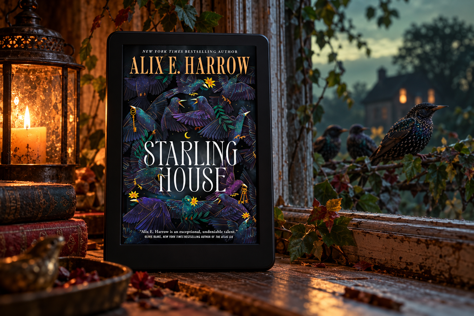 Starling House by Alix E. Harrow displayed on a Kindle beside a weathered window overlooking a misty old house.