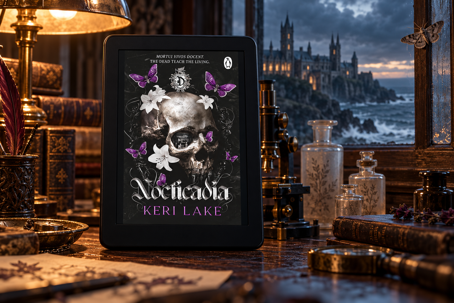 Nocticadia by Keri Lake displayed on a Kindle beside a microscope, with a gothic island university beyond the window.