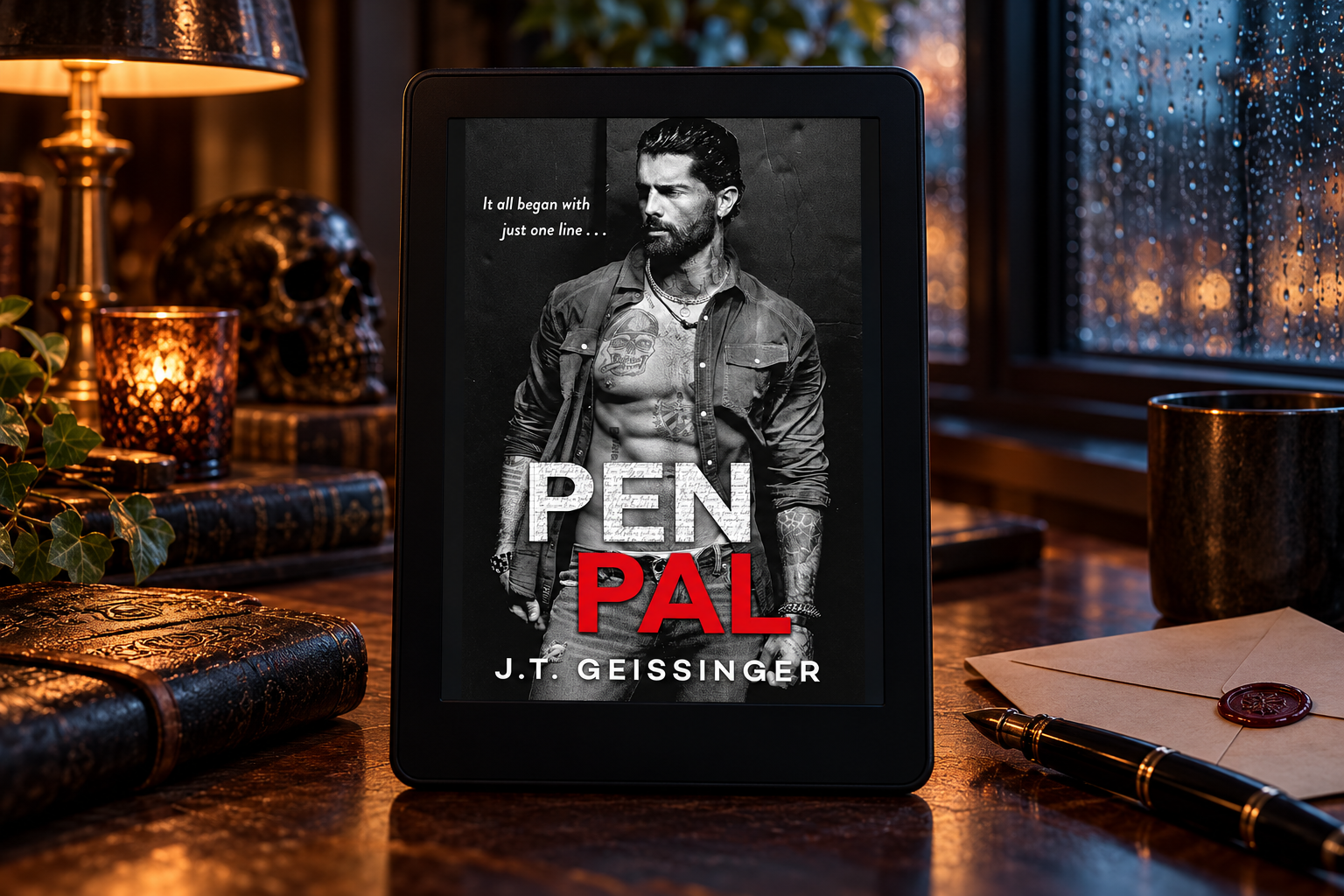 Pen Pal by J.T. Geissinger displayed on a Kindle beside a sealed envelope and pen on a rainy evening.