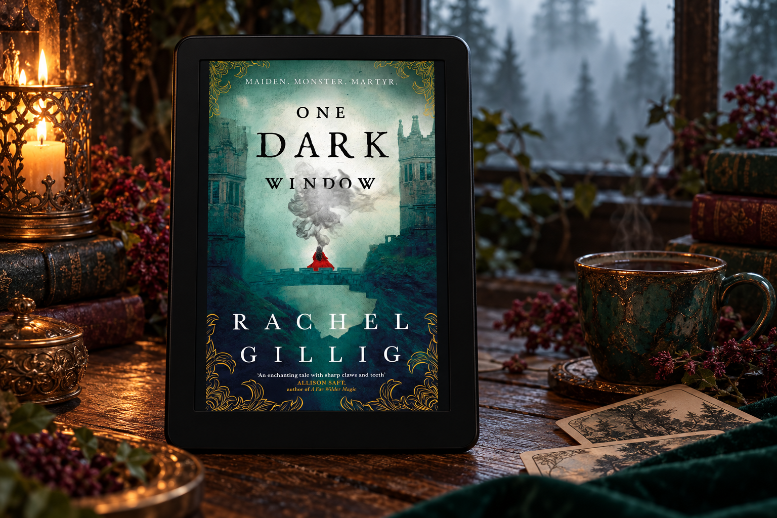 One Dark Window by Rachel Gillig displayed on a Kindle overlooking a misty forest.