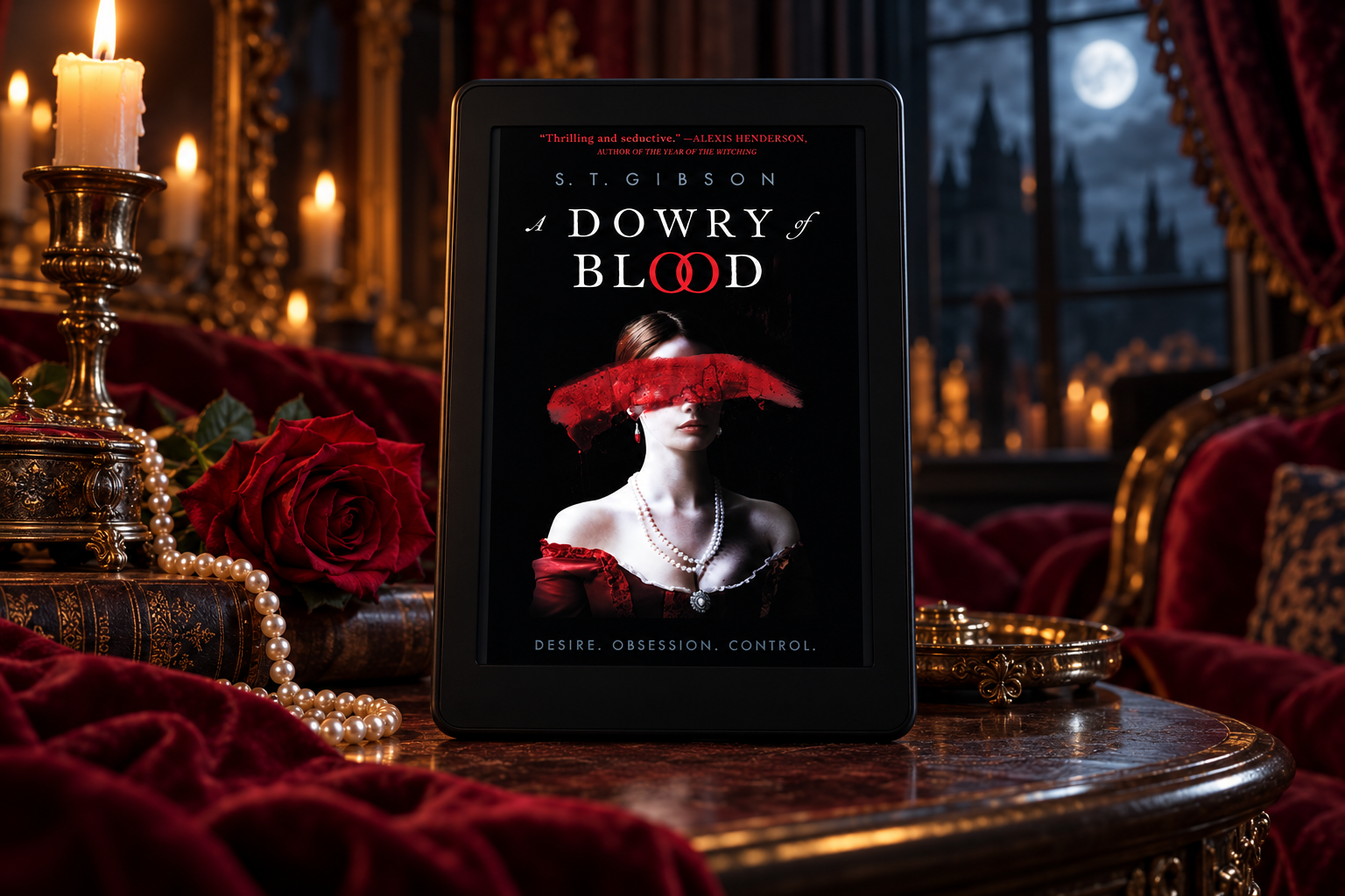 A Dowry of Blood by S. T. Gibson displayed on a Kindle in a candlelit salon with burgundy velvet and pearls.