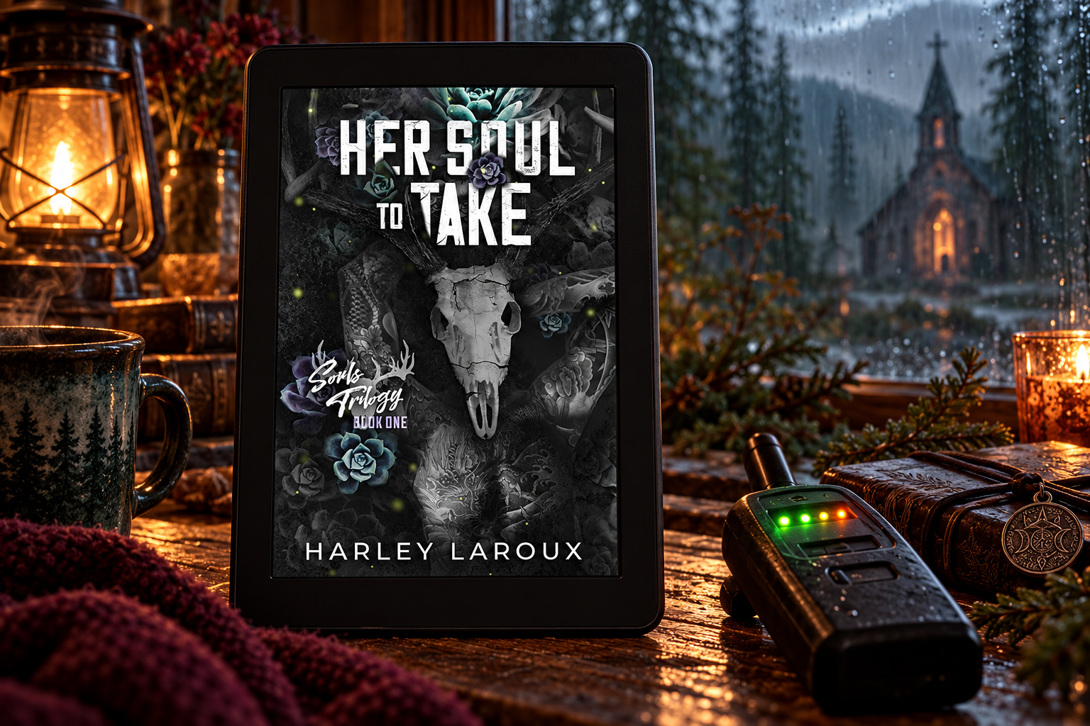 Her Soul to Take by Harley Laroux displayed on a Kindle beside ghost-hunting equipment and a rainy forest window.