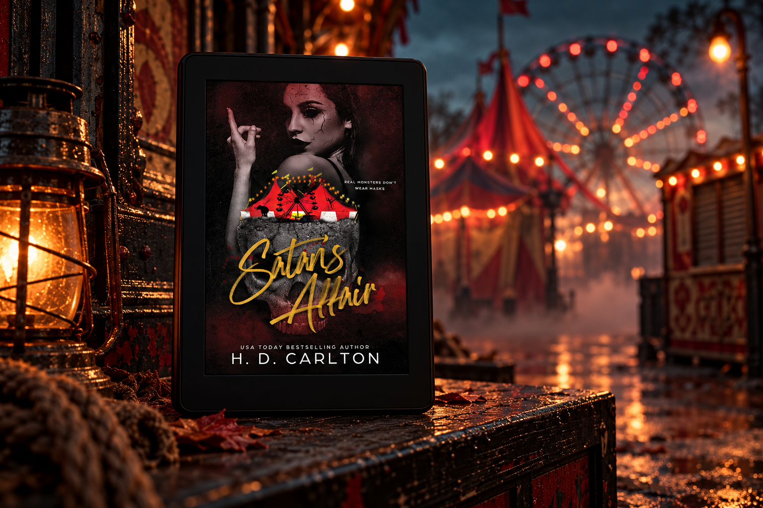 Satan's Affair by H. D. Carlton displayed on a Kindle beside a misty Halloween fair.