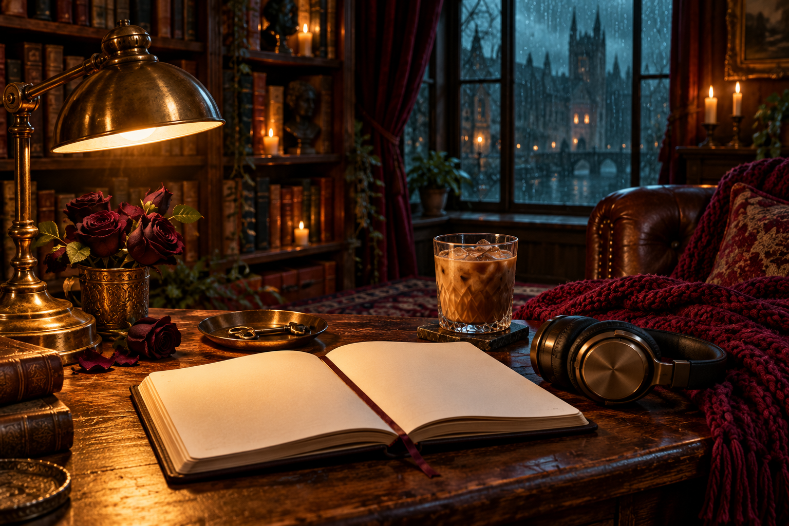 A blank reading notebook, headphones, brass key and iced coffee arranged under warm library lamplight.