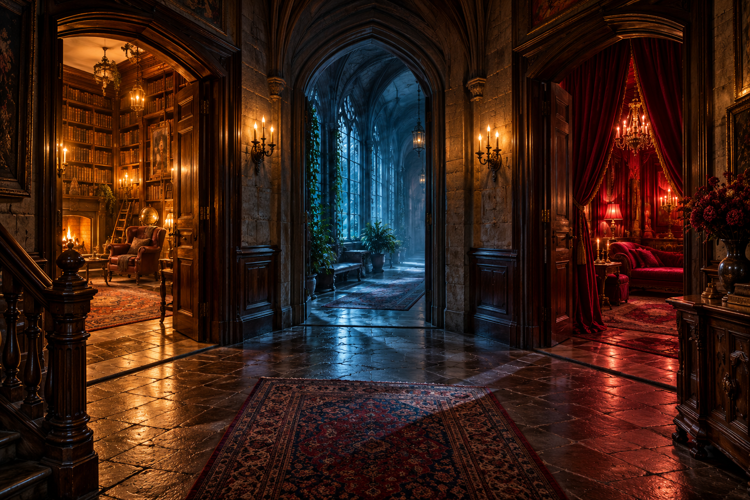 Three atmospheric gothic doorways lead towards a warm library, a blue-lit passage and a crimson room.