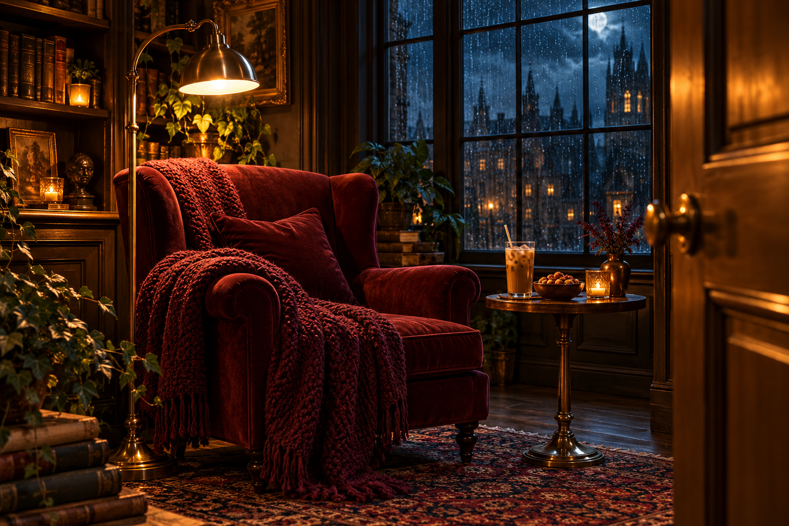A cosy burgundy reading chair with a knitted throw, iced coffee and snacks beside a rainy window.