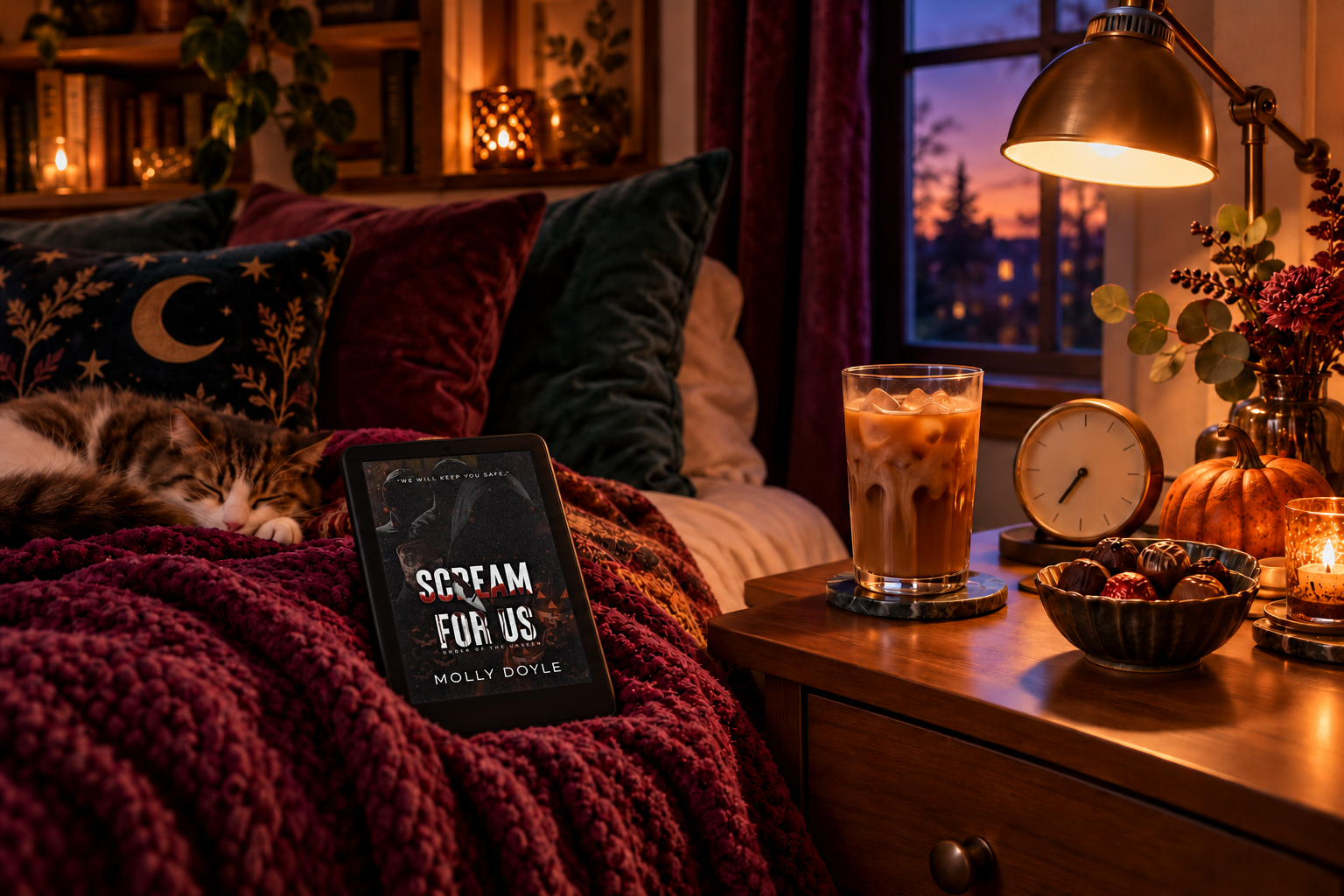 A Kindle, iced coffee, chocolates and an evening clock beside a cosy bed The screen displays Scream for Us by Molly Doyle.