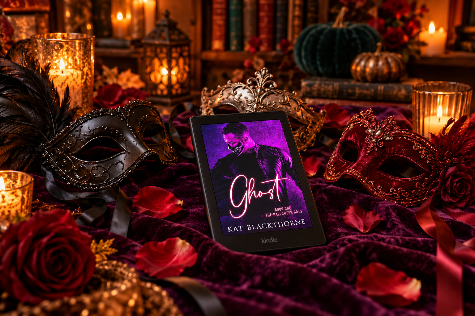 Three decorative masquerade masks arranged around an Kindle on plum velvet The screen displays Ghost by Kat Blackthorne.