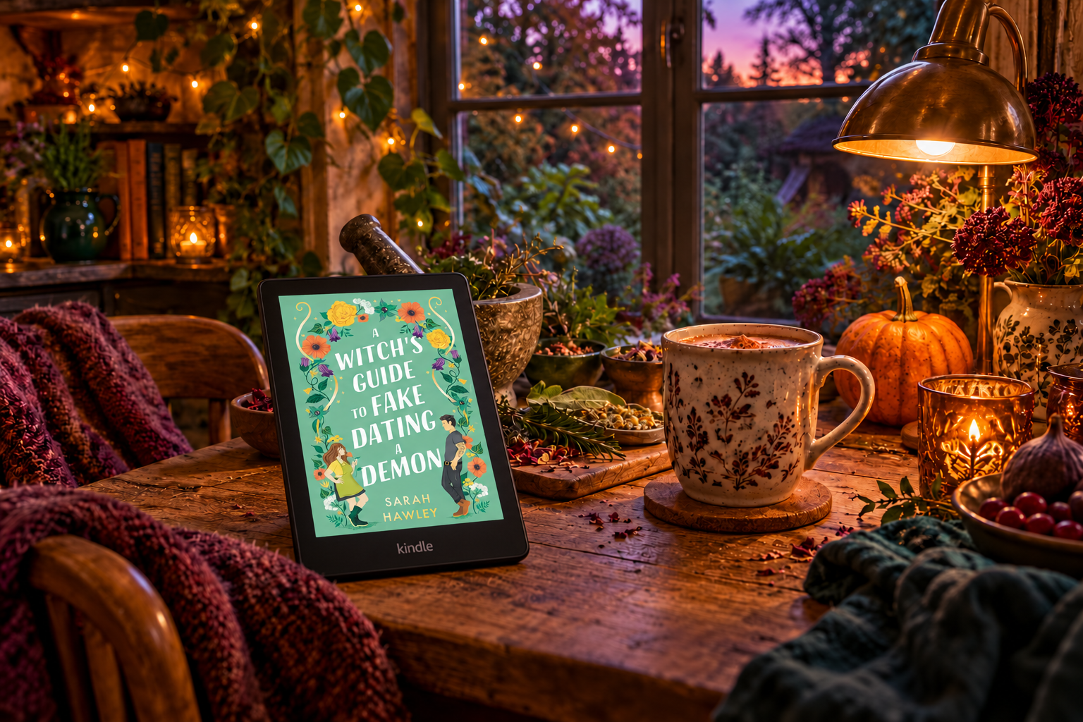 A witchy reading table with an Kindle, herbs, a mortar and pestle and a warm mug The screen displays A Witch's Guide to Fake Dating a Demon by Sarah Hawley.