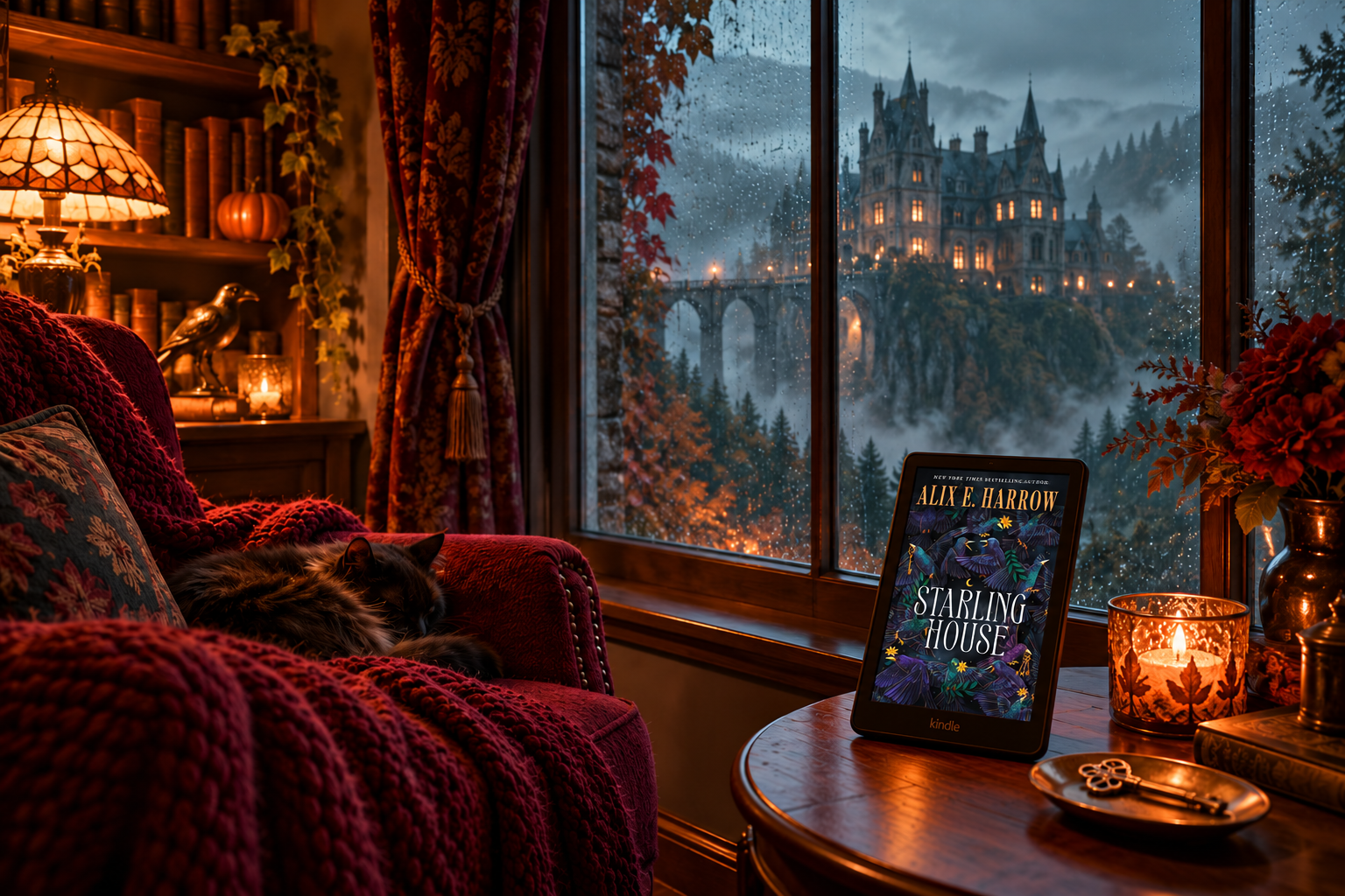 A cosy reading chair and Kindle beside a rainy window overlooking a misty gothic house The screen displays Starling House by Alix E. Harrow.