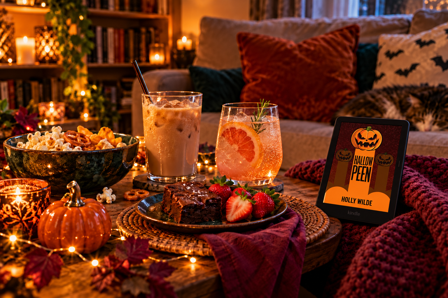 Iced coffee, a sparkling citrus drink, brownies, strawberries and snacks beside an Kindle The screen displays Hallowpeen by Holly Wilde.