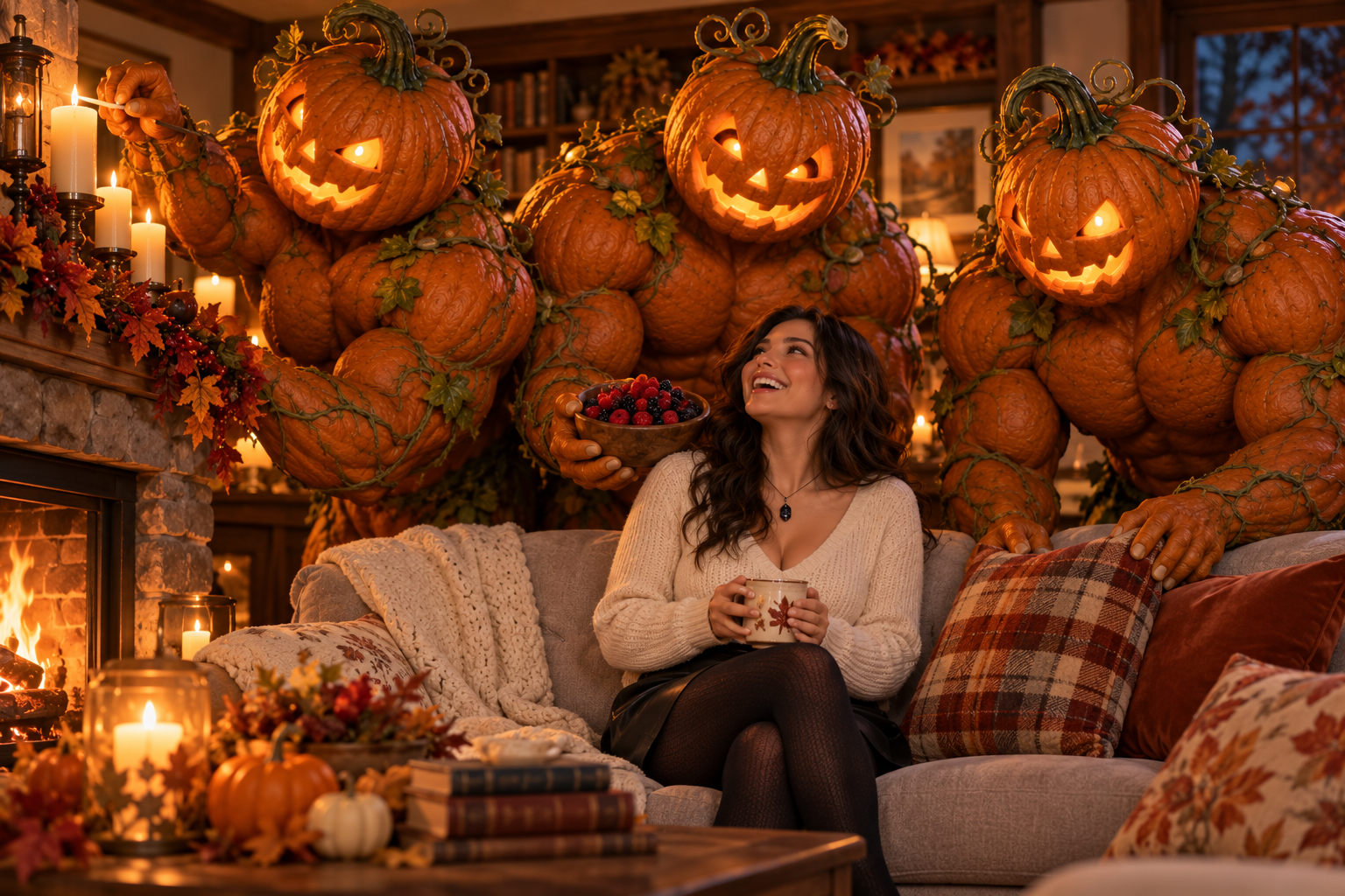 Asha sits on a grey sofa while three towering pumpkin men prepare the candlelit room.