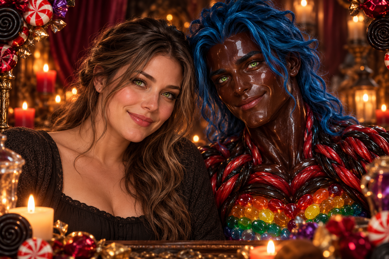 Kaysie beside ManCandy, with blue spun-sugar hair, liquorice shoulders and a rainbow sweet chest.