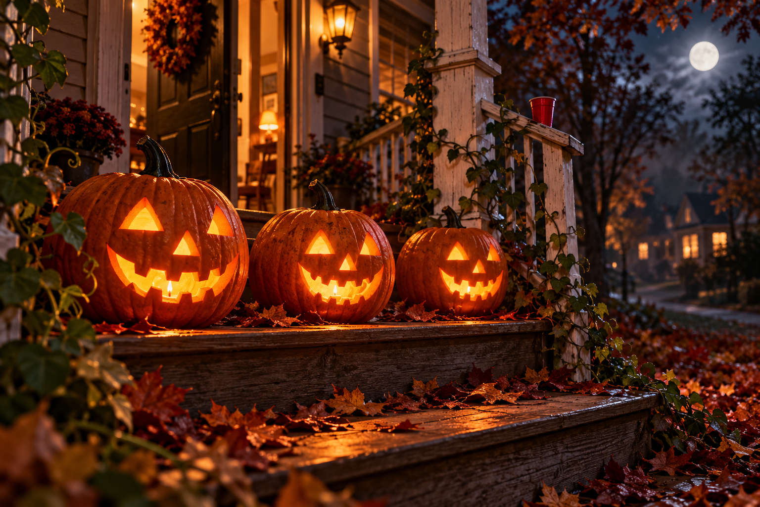 Three carved pumpkins glow on the wooden front steps before they come to life.