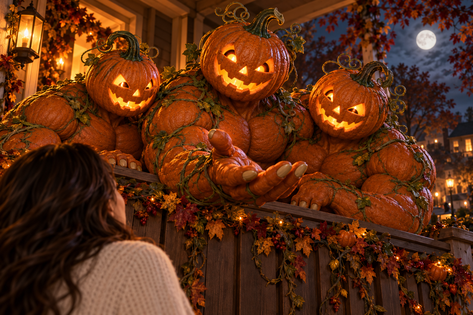 Three giant pumpkin men greet Asha over the porch railing, their heads lit by candles.
