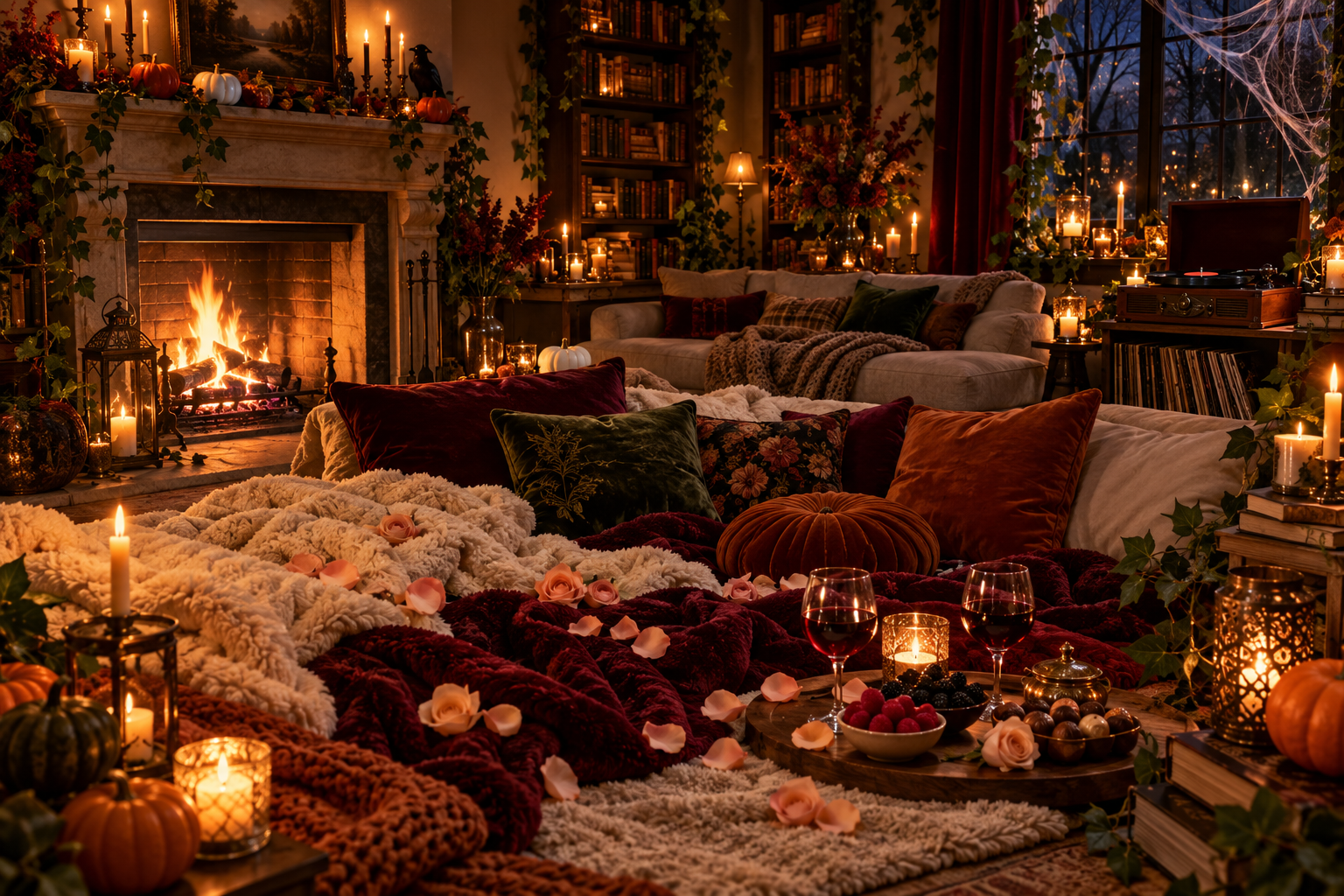 A firelit living-room floor nest with blankets, pillows, peach petals, wine, berries and chocolates.