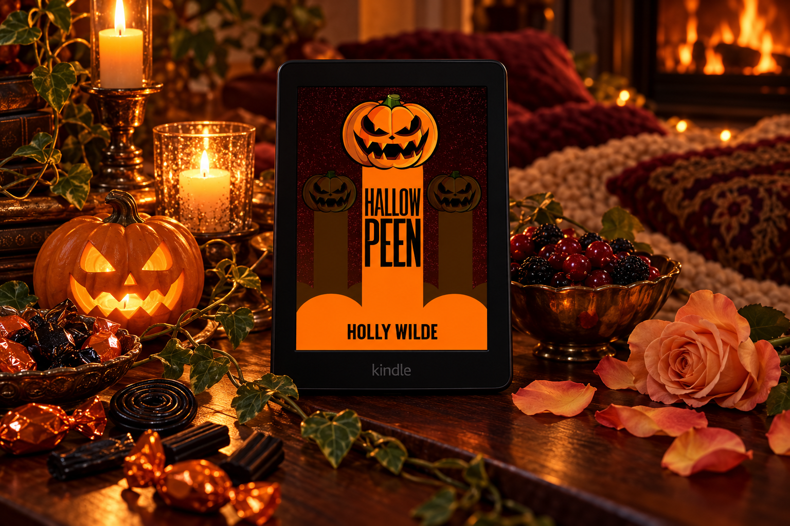 The supplied Hallowpeen cover on a Kindle among pumpkins, sweets, berries and candlelight.