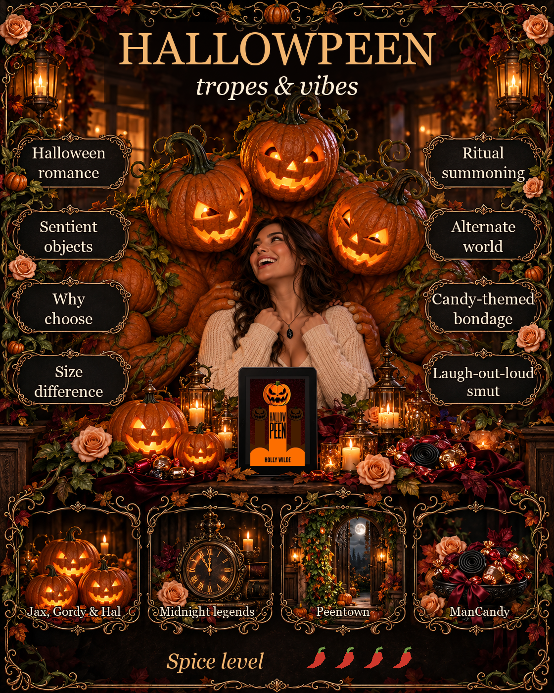 Ornate Hallowpeen trope graphic with Asha, three pumpkin men and the supplied book cover.