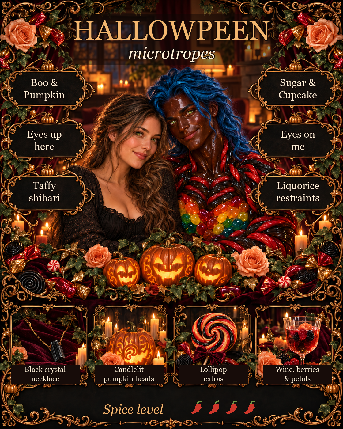 Ornate Hallowpeen microtrope graphic with Kaysie and ManCandy, pet names and candy-themed details.