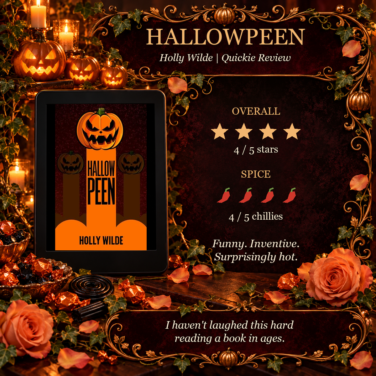 Hallowpeen Quickie Review card showing four stars and four chillies with the supplied cover.