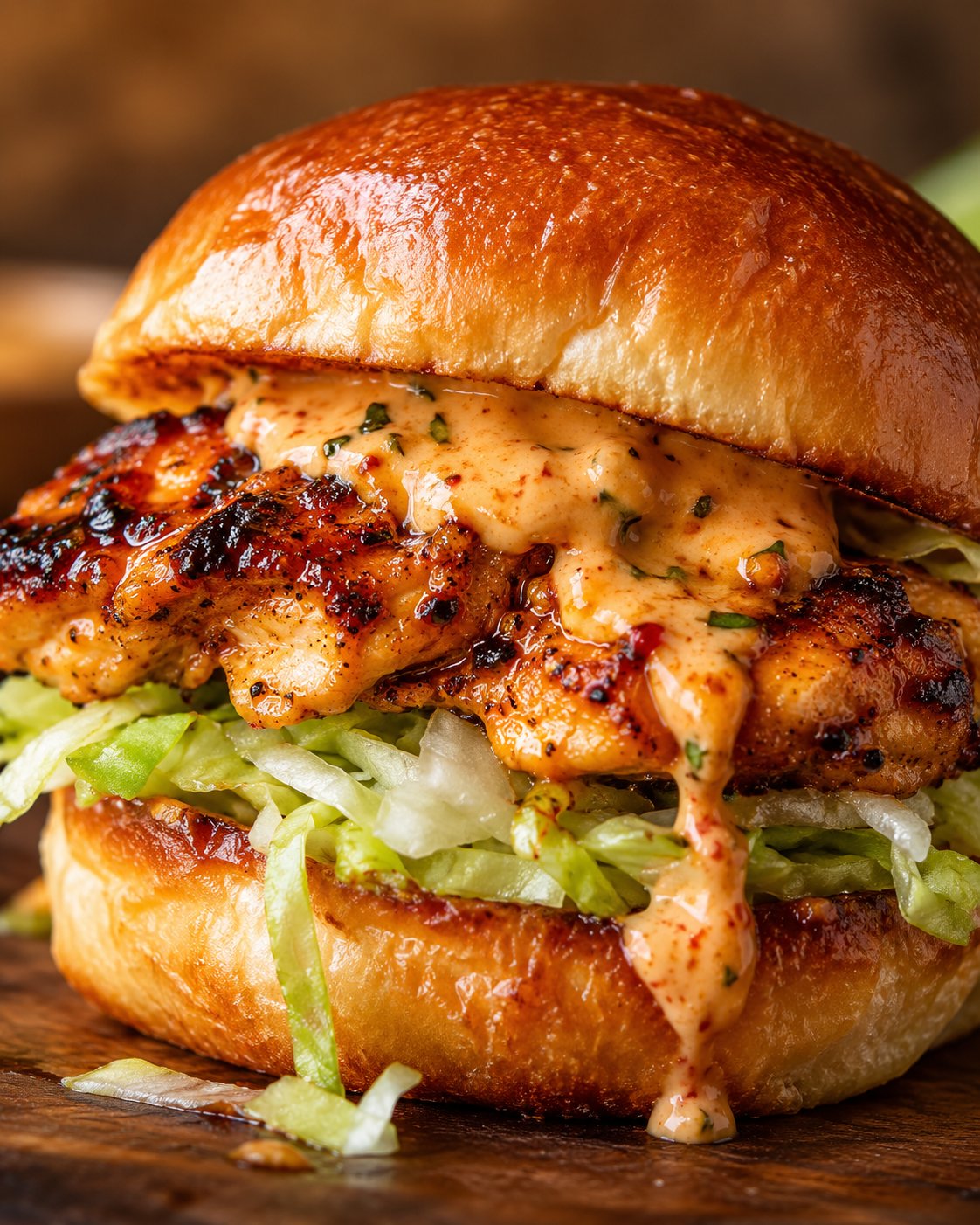 A juicy peri-peri chicken slider with crisp lettuce and mayo escaping the bun
