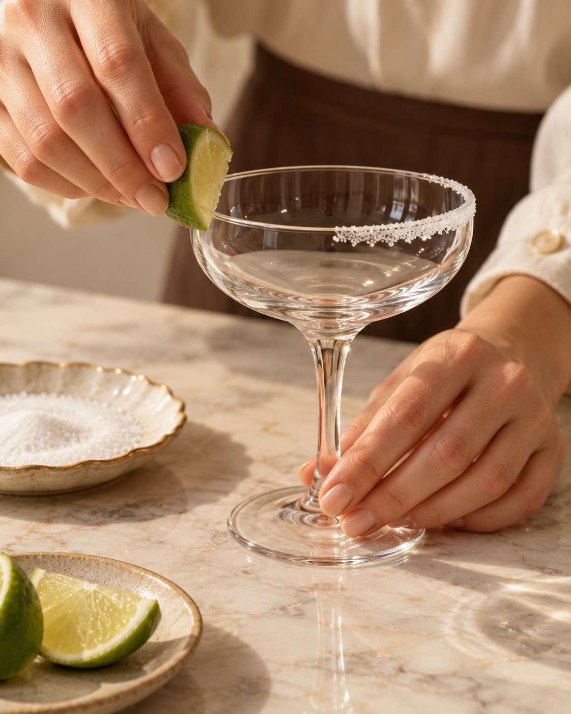 Rubbing a lime wedge around half the rim of a chilled coupe glass