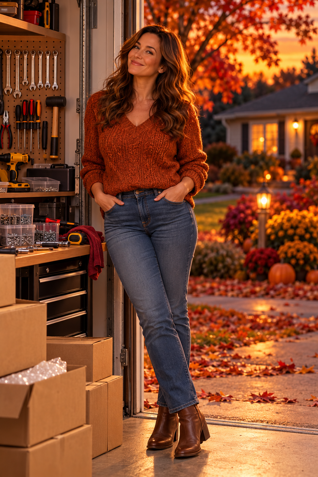 Tori, a curvy woman in her forties with long brown hair, smiles in her garage doorway.