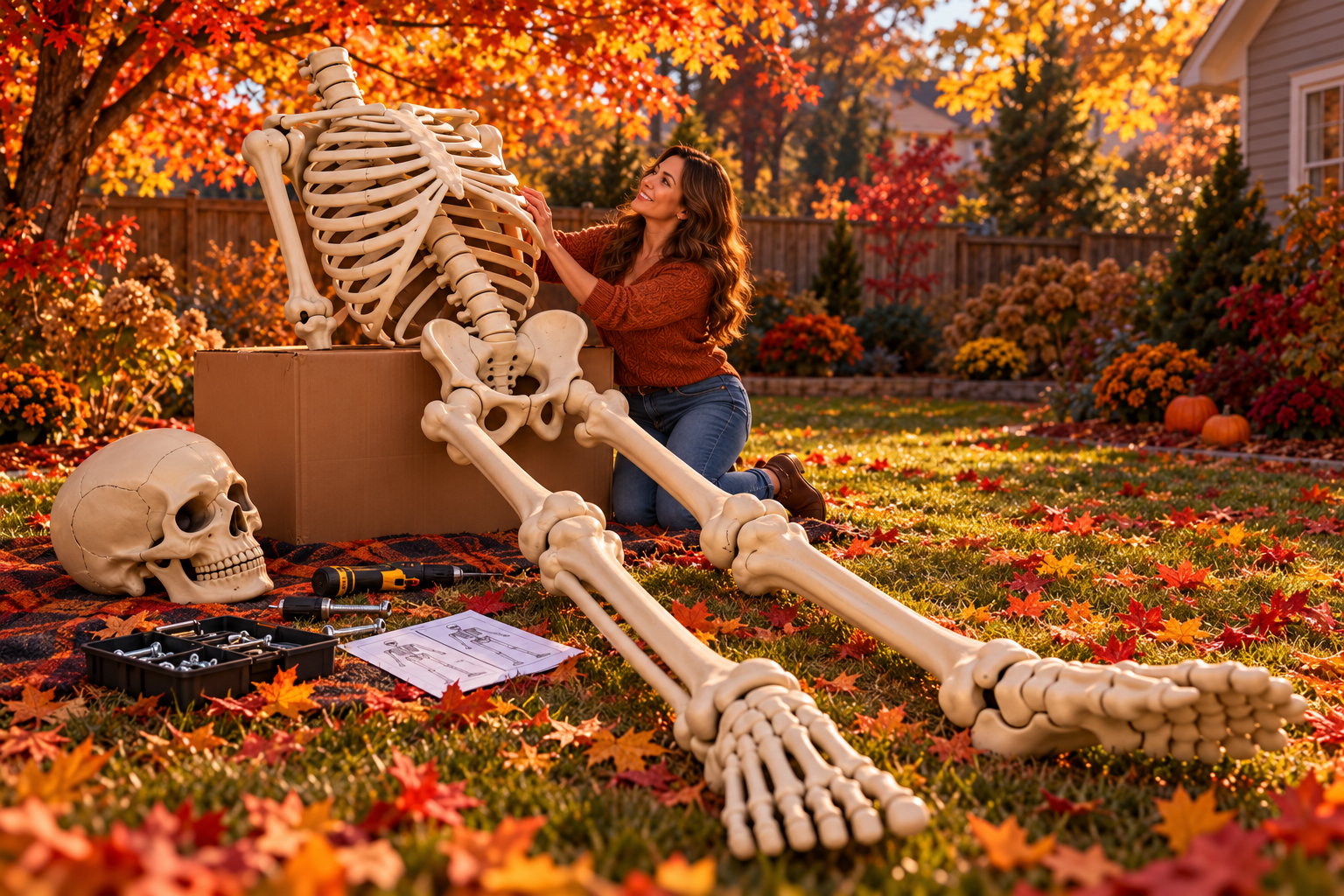 Tori checks a rib while assembling the enormous white plastic skeleton in her autumn yard.