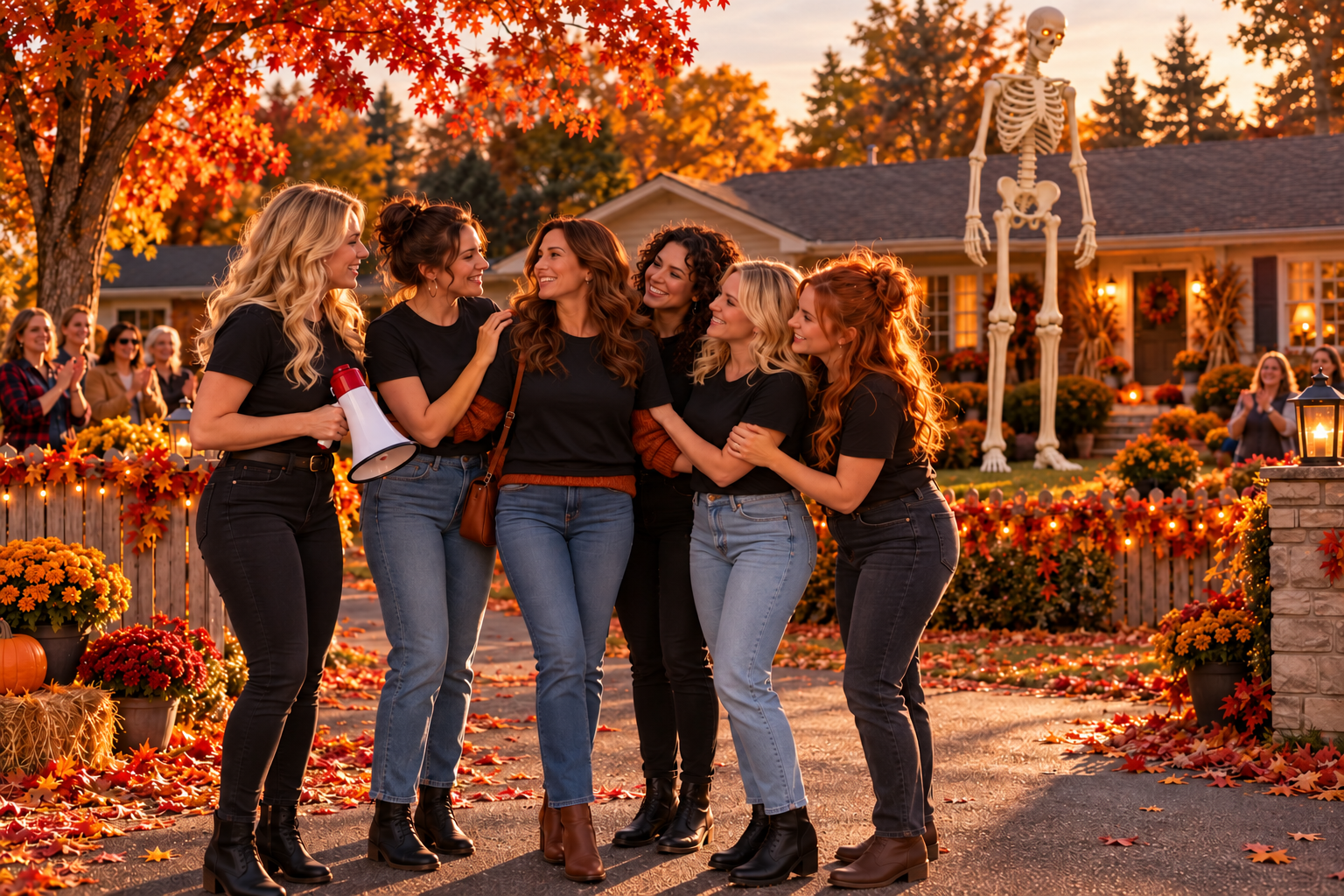 Tori is welcomed by five adult Halloween supporters in black shirts while BJ towers in the yard behind them.