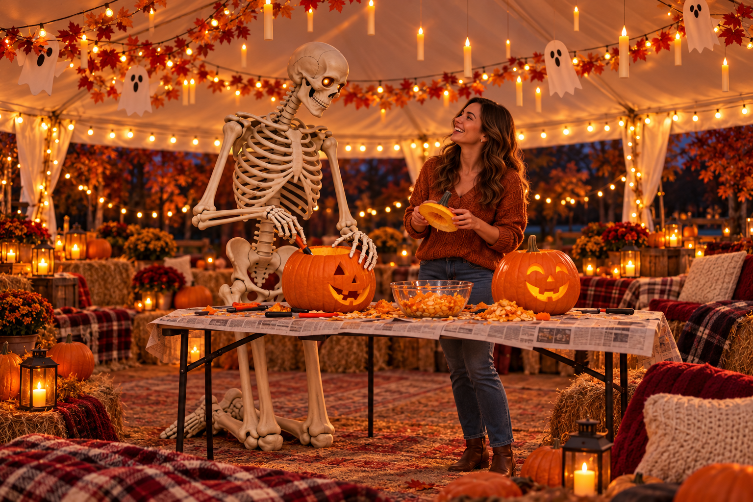 Tori and kneeling BJ carve pumpkins on a newspaper-covered table inside their warmly decorated tent.