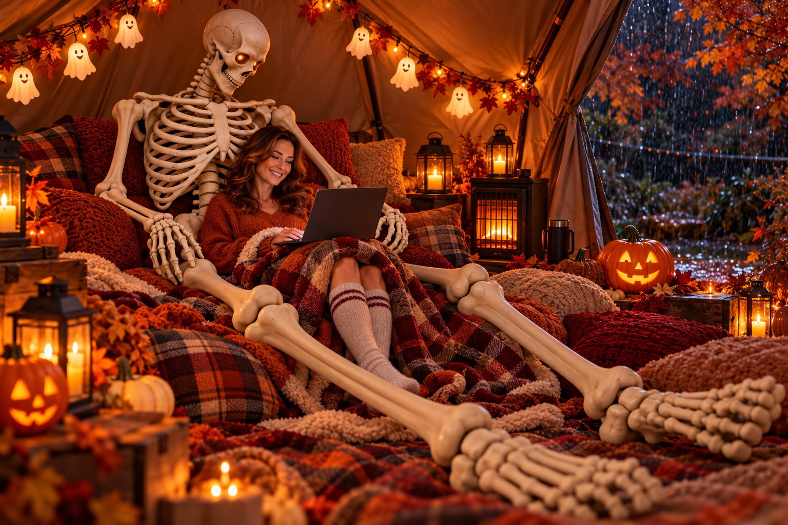 Tori sits in a blanket nest between BJ's long skeletal legs with a laptop while rain falls outside the tent.