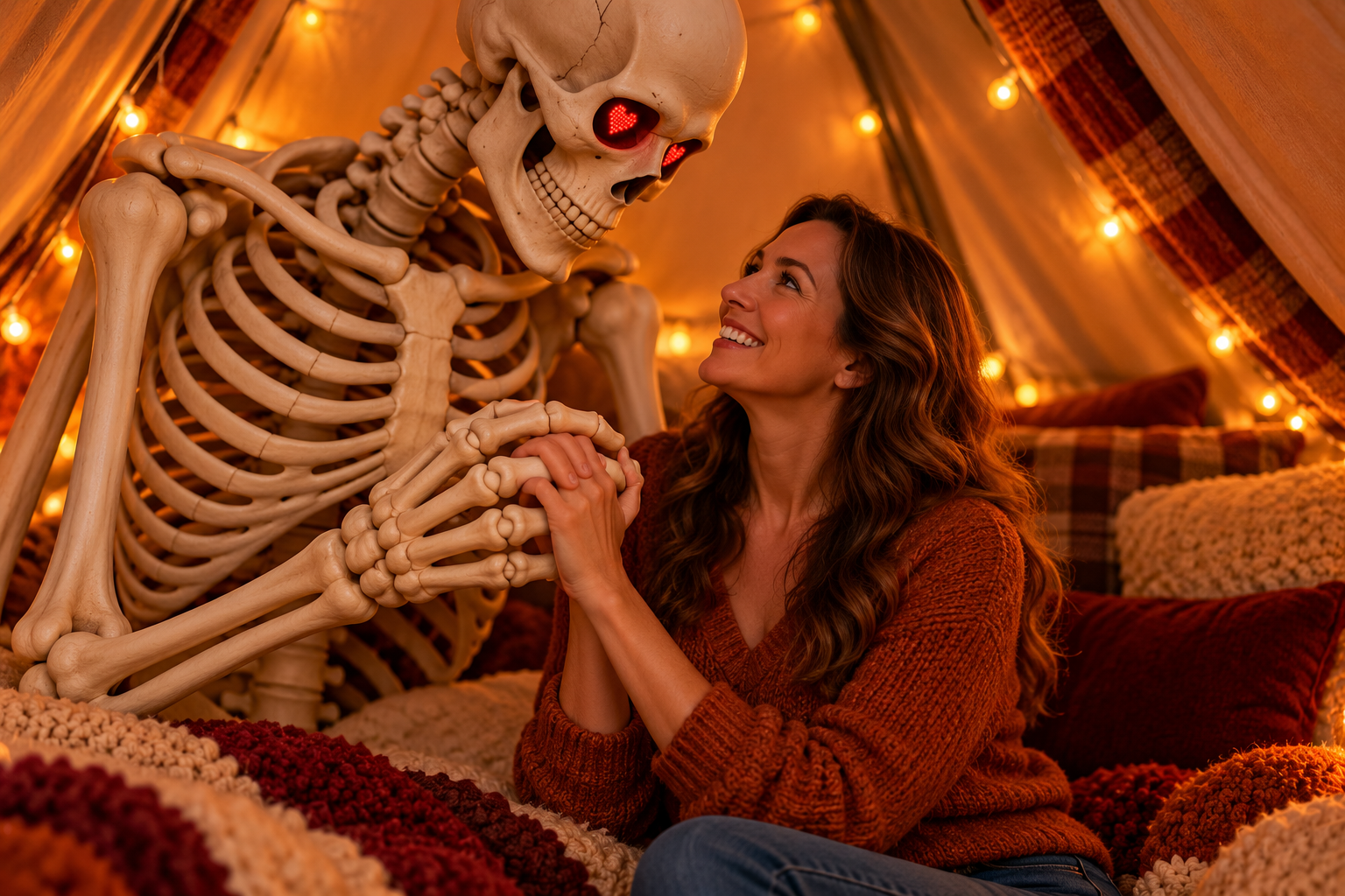 BJ's LED eyes glow with red hearts as Tori smiles up at him and holds his enormous skeletal hand.