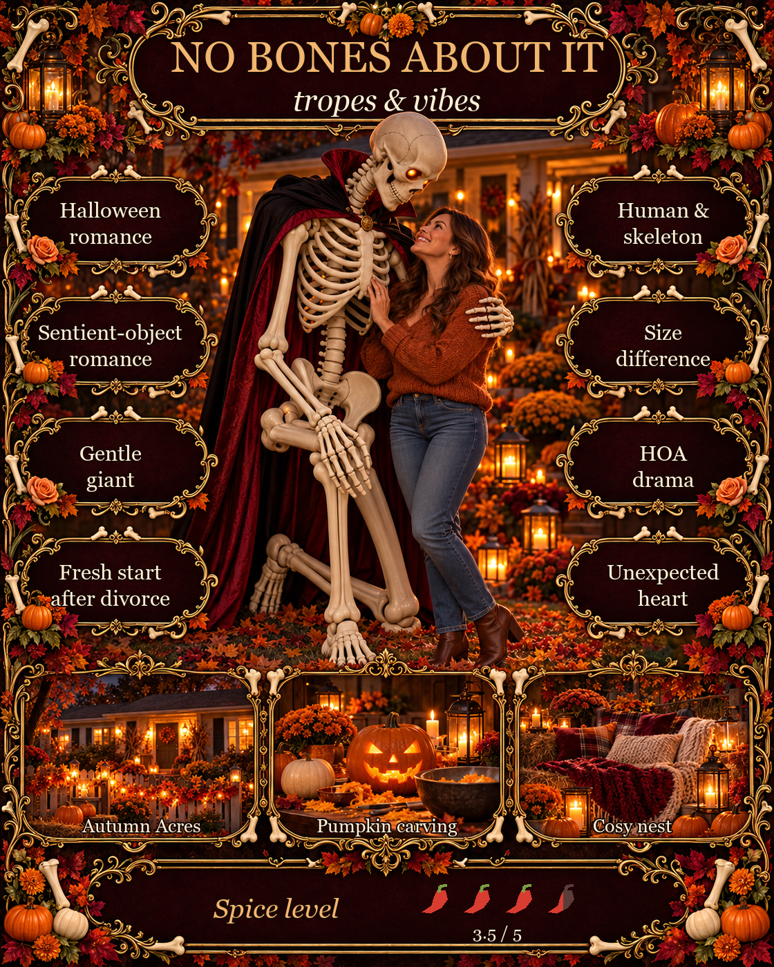 No Bones About It tropes: Halloween sentient-object romance, human and skeleton, gentle giant, size difference, fresh start, HOA drama and unexpected heart.