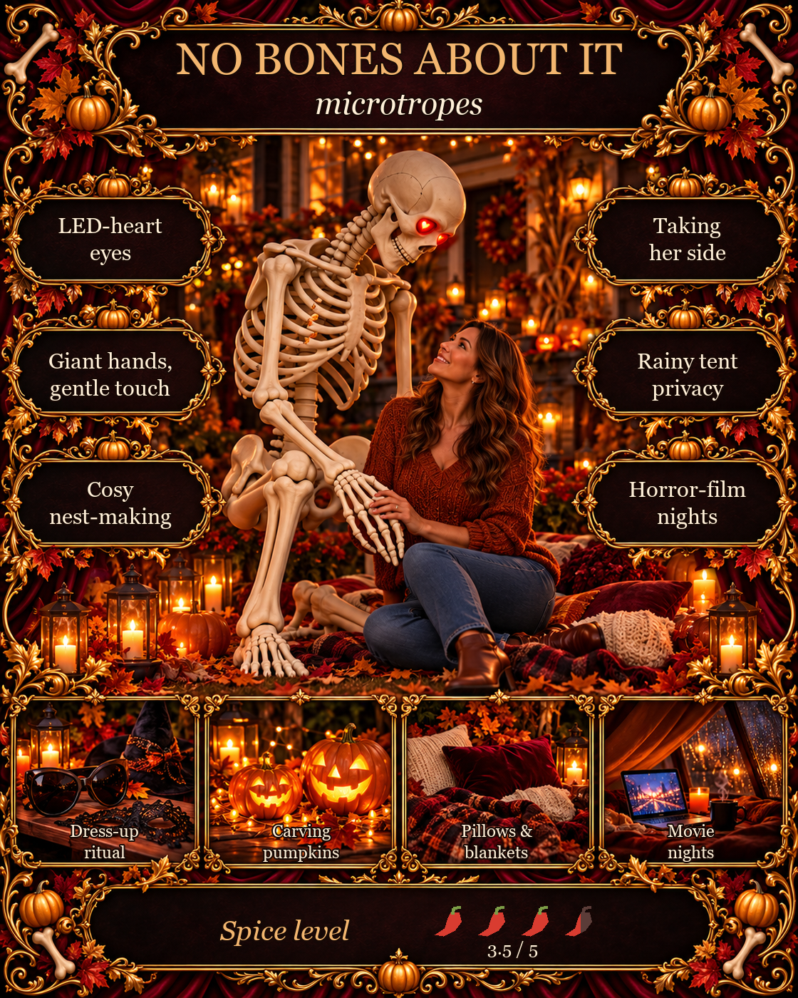 No Bones About It microtropes: LED-heart eyes, gentle giant hands, nest-making, taking her side, rainy tent privacy and horror-film nights.