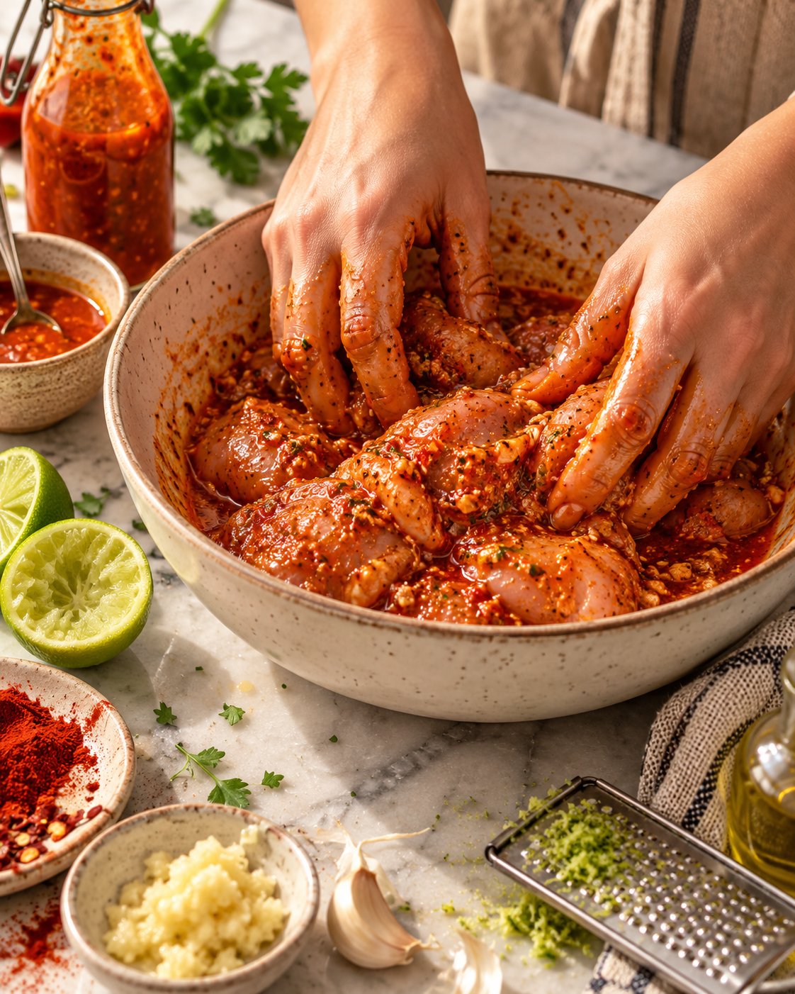 Hands coating chicken thigh fillets in peri-peri marinade