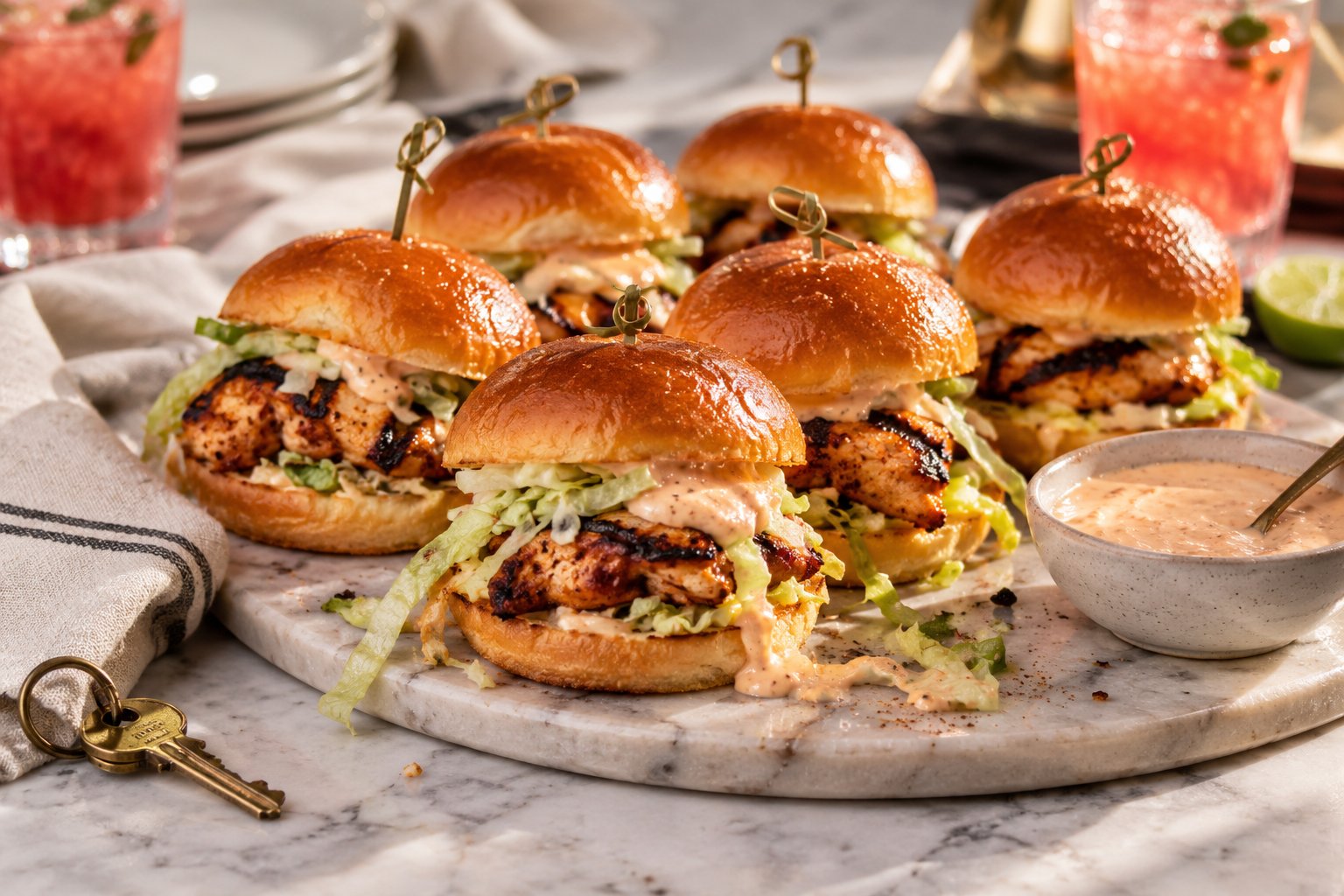 A platter of finished peri-peri chicken sliders ready to serve