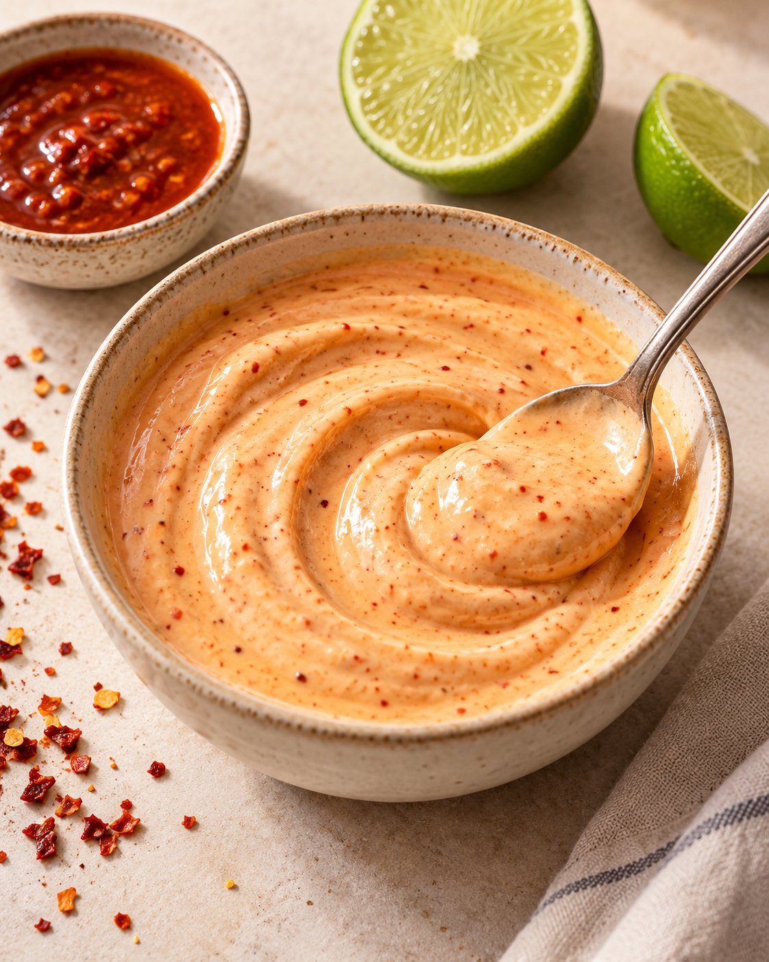 Creamy peri-peri lime mayo on a spoon