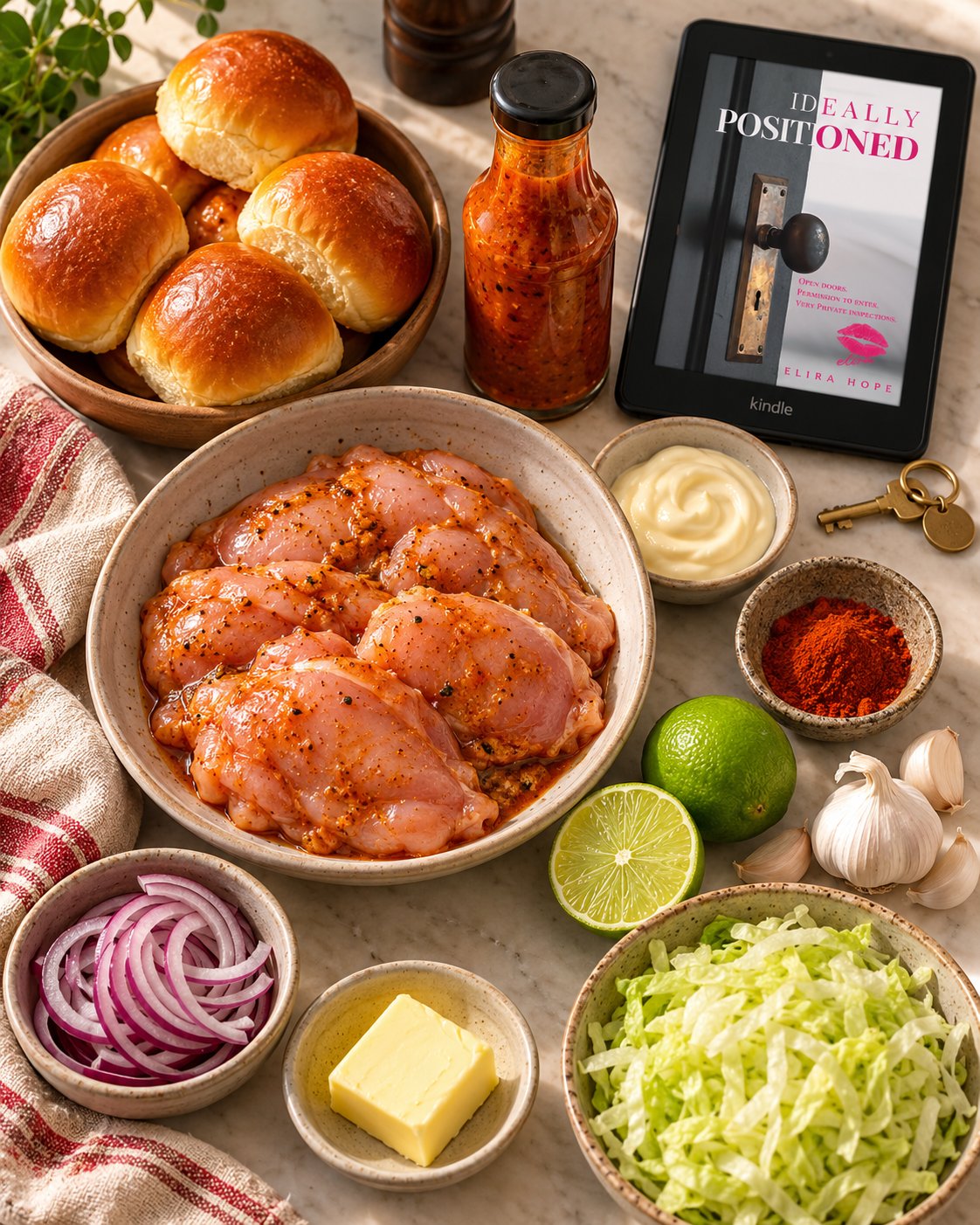 Peri-peri chicken sliders styled beside a Kindle for Ideally Positioned reading night