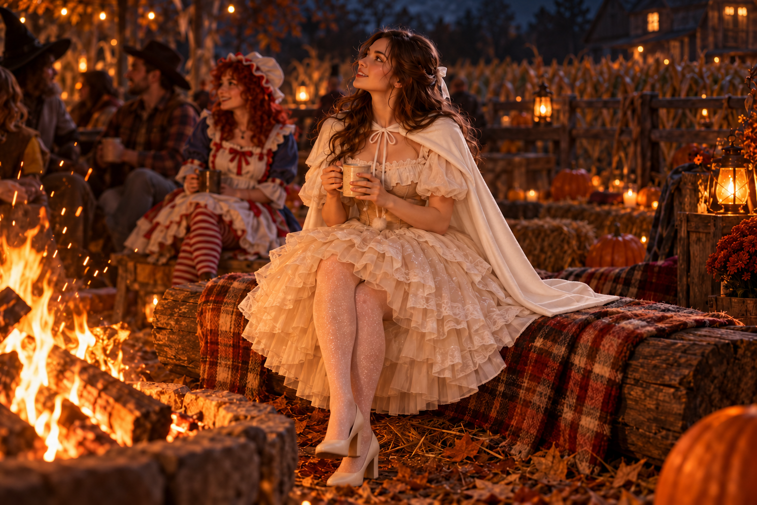 Brown-haired Isabelle in her handmade latte costume holds cider beside a Halloween bonfire.