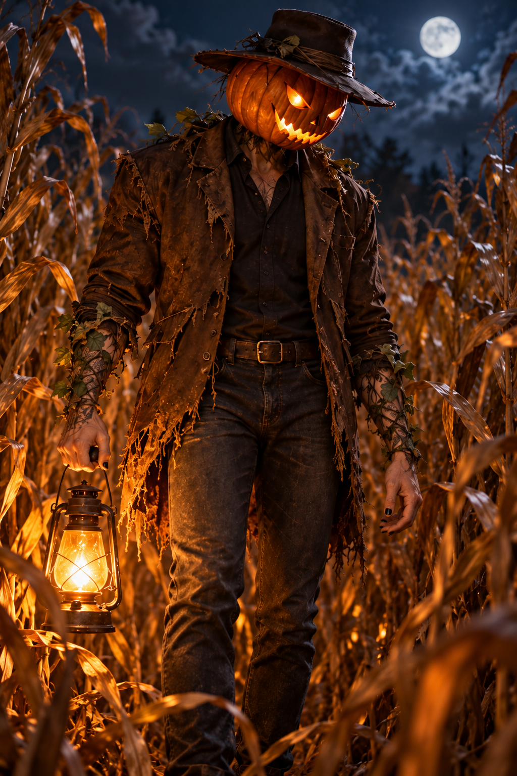 The pumpkin-headed phantom stands among tall dry corn holding a glowing lantern.