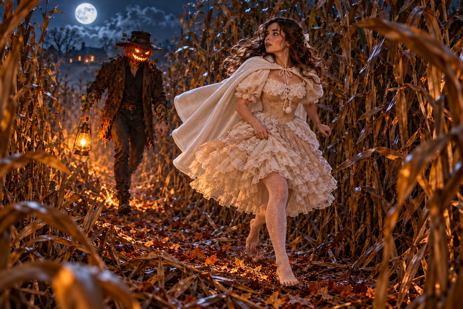 Isabelle looks back through the moonlit corn towards a pumpkin-headed figure carrying a lantern.