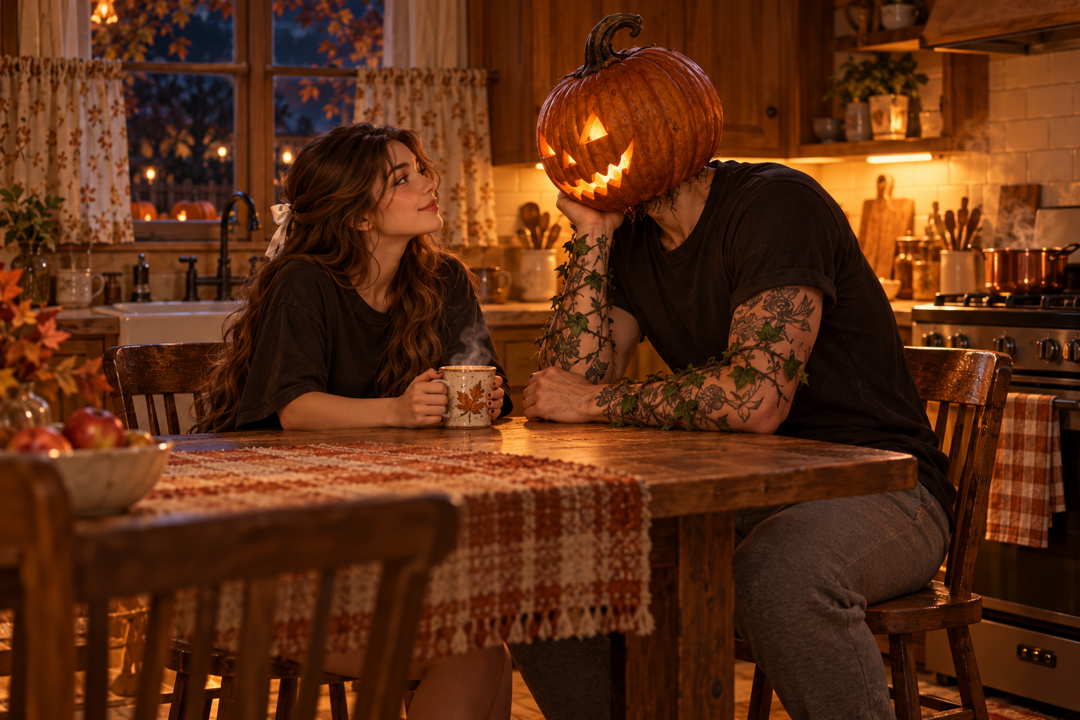 Isabelle in an oversized black shirt holds steaming apple cider opposite the pumpkin-headed phantom in his kitchen.